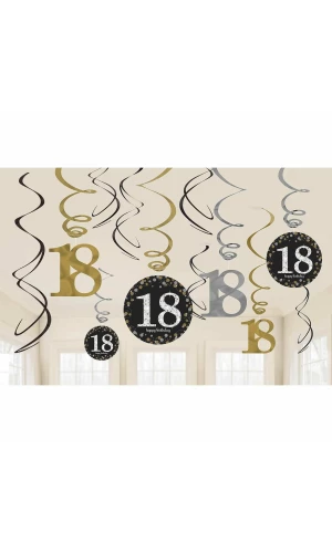 18th Gold Sparkling Celebration Hanging Swirl Decorations - 12pk