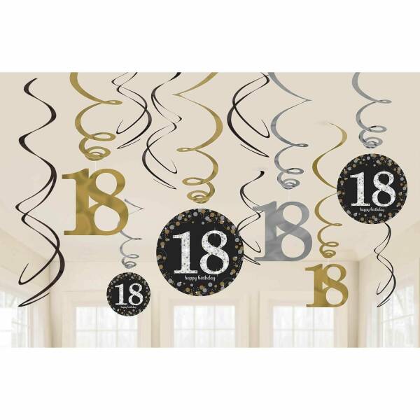 18th Gold Sparkling Celebration Hanging Swirl Decorations - 12pk