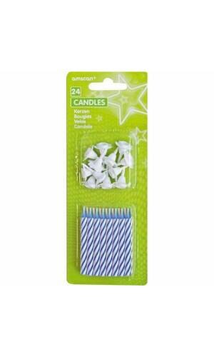Candles Blue Stripe with 12 Holders - 24pk