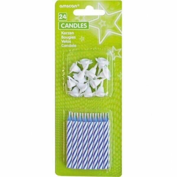 Candles Blue Stripe with 12 Holders - 24pk
