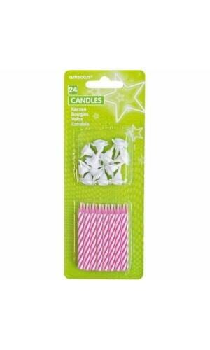 Candles Pink Stripes with 12 Holders - 24pk