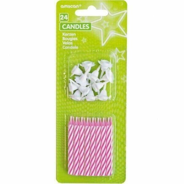 Candles Pink Stripes with 12 Holders - 24pk