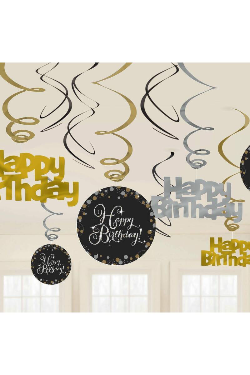 Happy Birthday Gold Sparkling Celebration Hanging Swirl Decorations - 12pk
