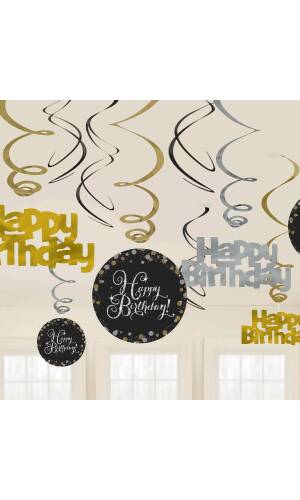 Happy Birthday Gold Sparkling Celebration Hanging Swirl Decorations - 12pk