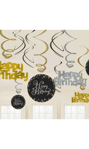 Happy Birthday Gold Sparkling Celebration Hanging Swirl Decorations - 12pk
