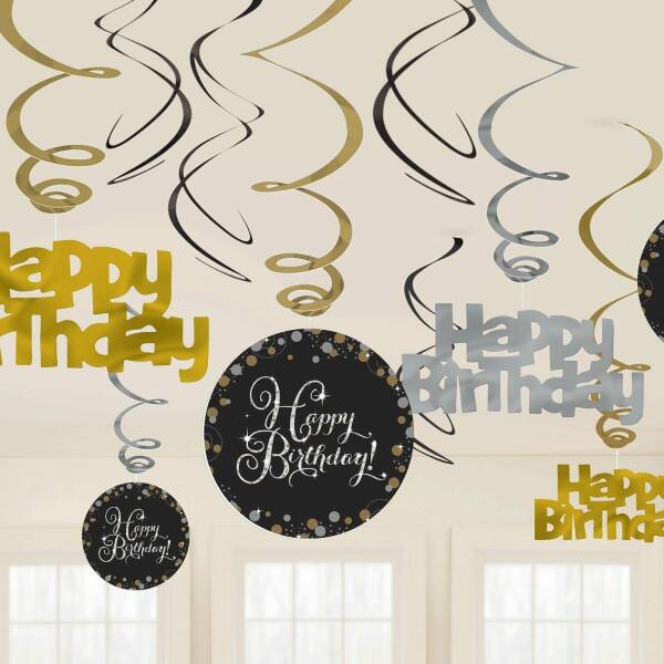 Happy Birthday Gold Sparkling Celebration Hanging Swirl Decorations - 12pk