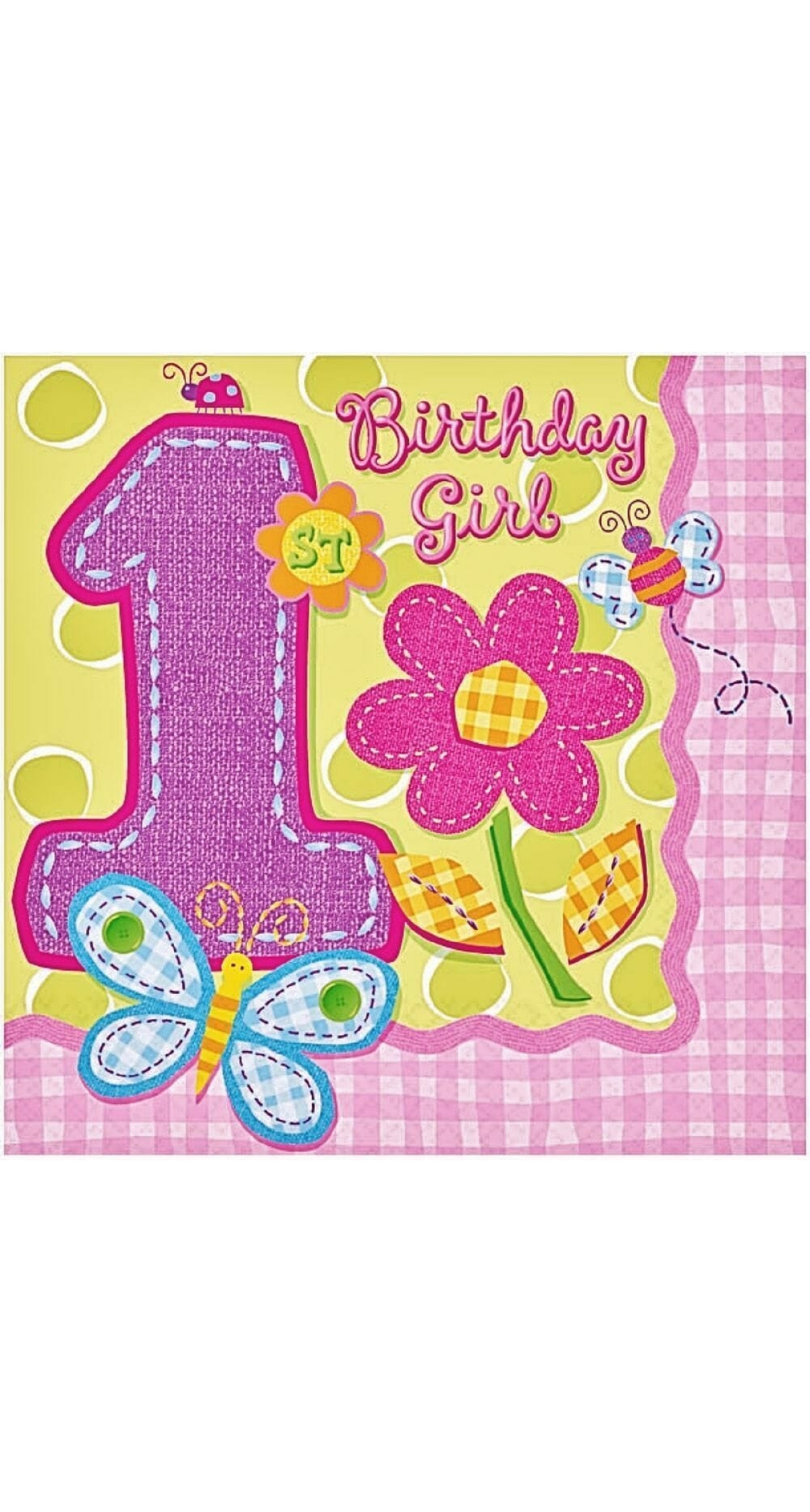 Hugs & Stitches 1st Birthday Girl Napkins 24.7cm x 24.7cm - 16pk