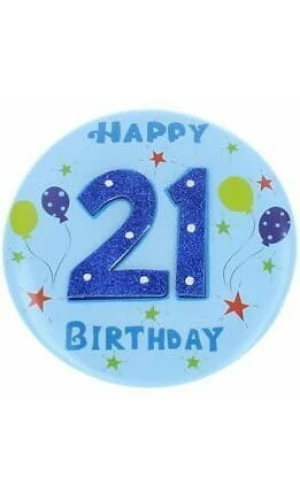 Jumbo 3D Badge - Happy 21th Birthday (TS) Blue - 15cm