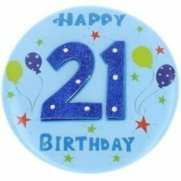 Jumbo 3D Badge - Happy 21th Birthday (TS) Blue - 15cm