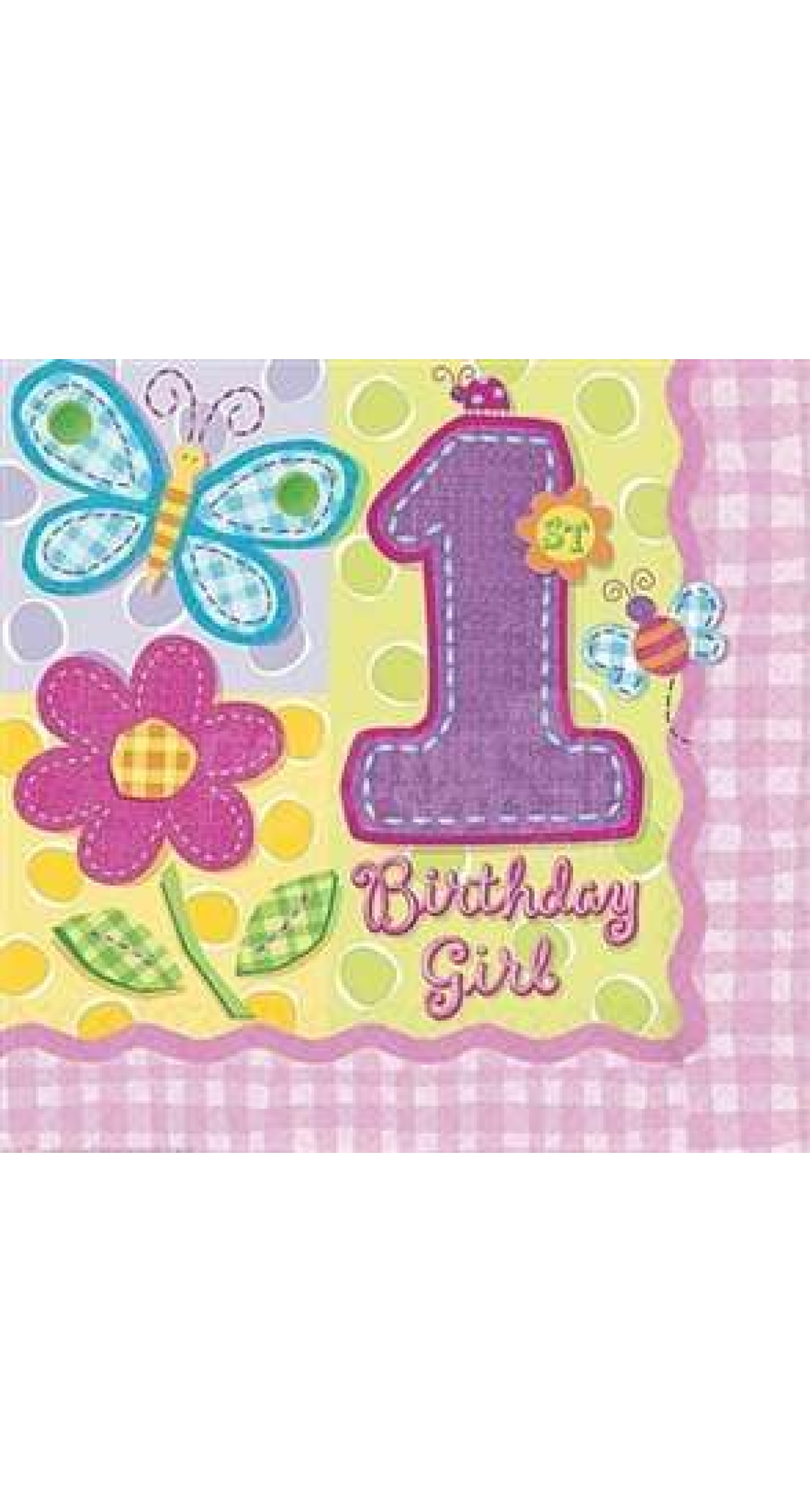 Hugs & Stitches 1st Birthday Girl Napkins 32.7cm x 32.7cm - 16pk
