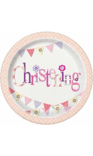 Pink Bunting Christening Round 9 Inch Dinner Plates - 8pk