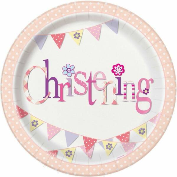 Pink Bunting Christening Round 9 Inch Dinner Plates - 8pk