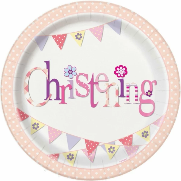 Pink Bunting Christening Round 9 Inch Dinner Plates - 8pk