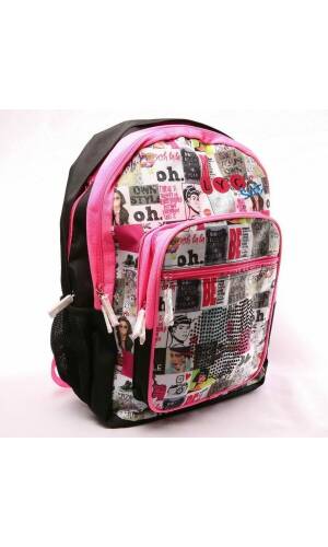 Girl's Pink & Black Assorted Printed Collage Backpack with 3 Compartments - 46cm x 34cm