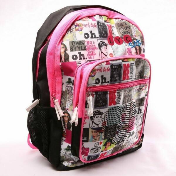 Girl's Pink & Black Assorted Printed Collage Backpack with 3 Compartments - 46cm x 34cm