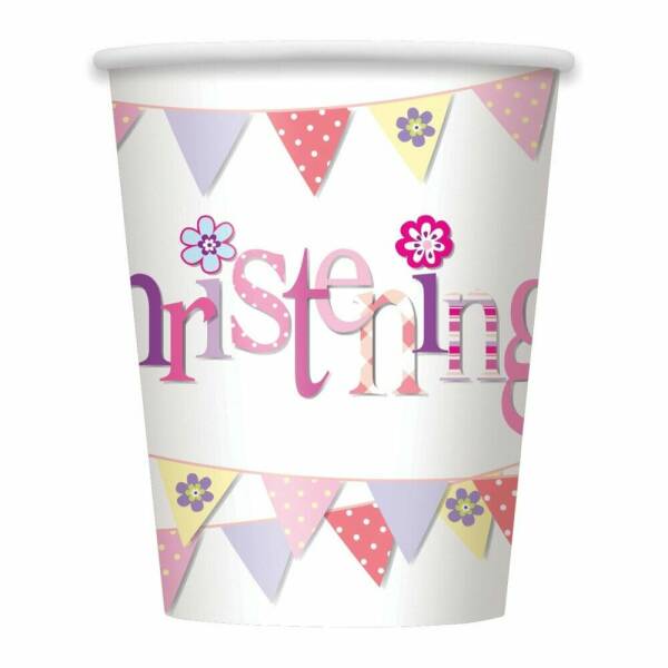 Pink Bunting Christening 9oz Paper Cups - 8pk