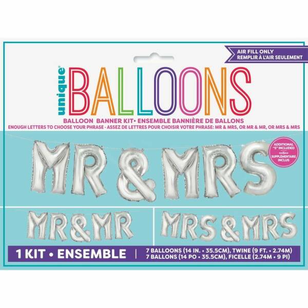 Silver Mr & Mrs Foil Letter Balloon Banner Kit - 14 Inch