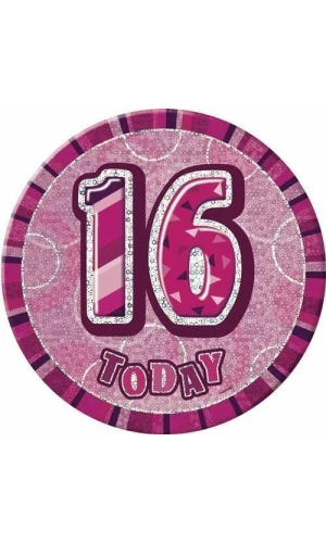 Jumbo Badge -  16 Today Holographic Glitz  Pink - 15cm