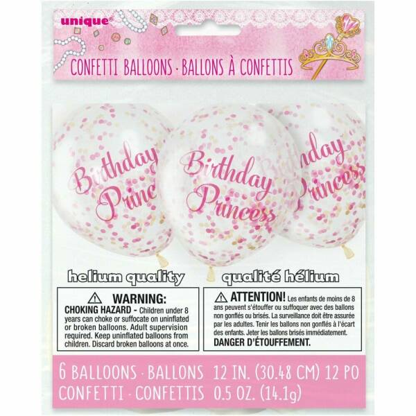 Pink Princess Clear Latex Balloons with Confetti 12 Inch - 6pk