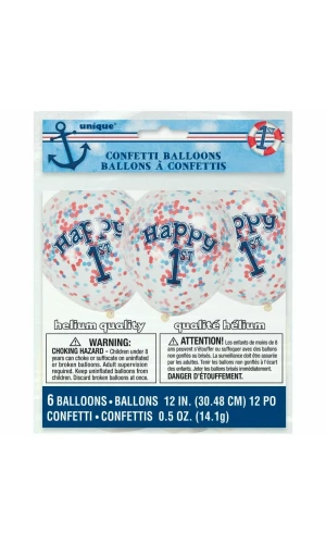 Little Sailor Nautical First Birthday Clear Latex Balloons with Confetti 12 Inch - 6pk