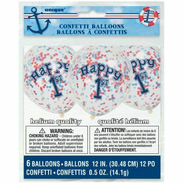 Little Sailor Nautical First Birthday Clear Latex Balloons with Confetti 12 Inch - 6pk