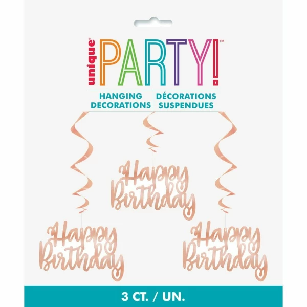 Foil Rose Gold Happy Birthday Hanging Swirl Decorations - 32 Inch - 3pk