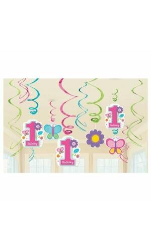 Sweet 1st Birthday Girl Swirl Decorations - 12pk