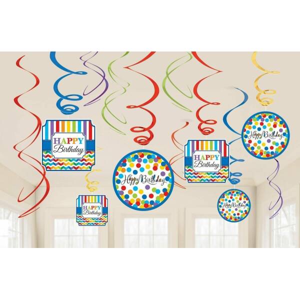 Bright Birthday Swirl Decorations - 12pk