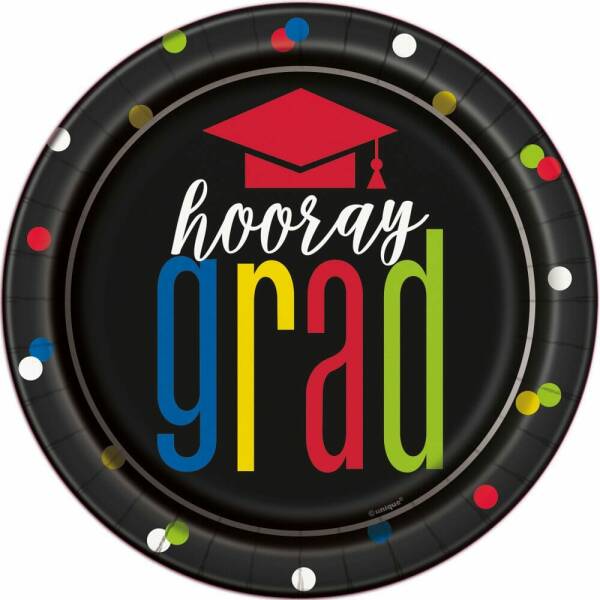 Colorful Cap Grad Round 7 Inch Dessert Plates - 8pk