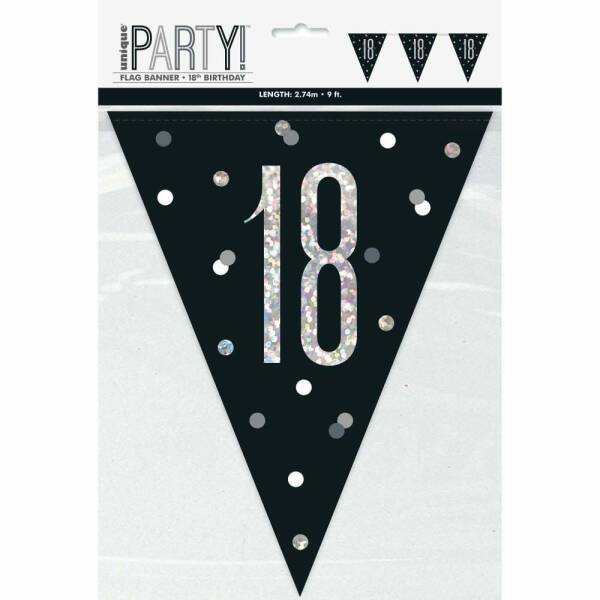 Birthday Black Glitz Number 18 Flag Banner - 9 ft