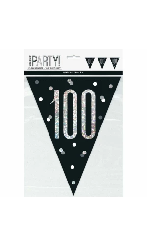Birthday Black Glitz Number 100 Flag Banner - 9 ft
