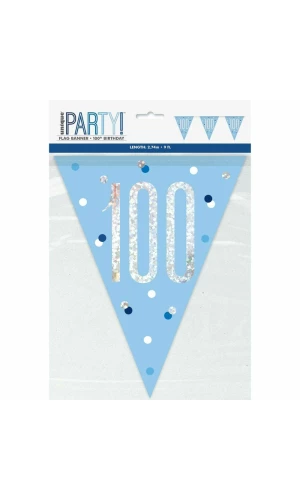 Birthday Blue Glitz Number 100 Flag Banner - 9 ft