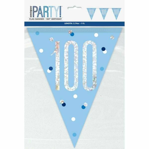 Birthday Blue Glitz Number 100 Flag Banner - 9 ft