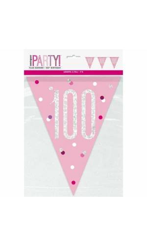 Birthday Pink Glitz Number 100 Flag Banner - 9 ft