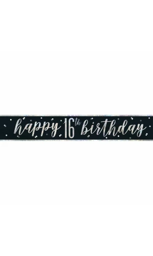 Glitz Black & Silver Foil Banner Happy 16th Birthday - 9 Feet