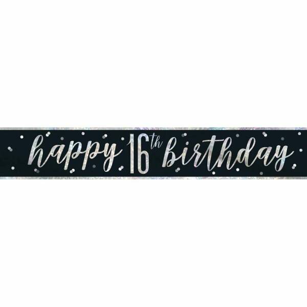 Glitz Black & Silver Foil Banner Happy 16th Birthday - 9 Feet