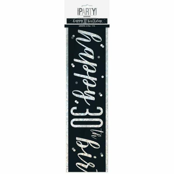 Glitz Black & Silver Foil Banner Happy 30th Birthday - 9 Feet