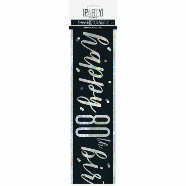 Glitz Black & Silver Foil Banner Happy 80th Birthday - 9 Feet
