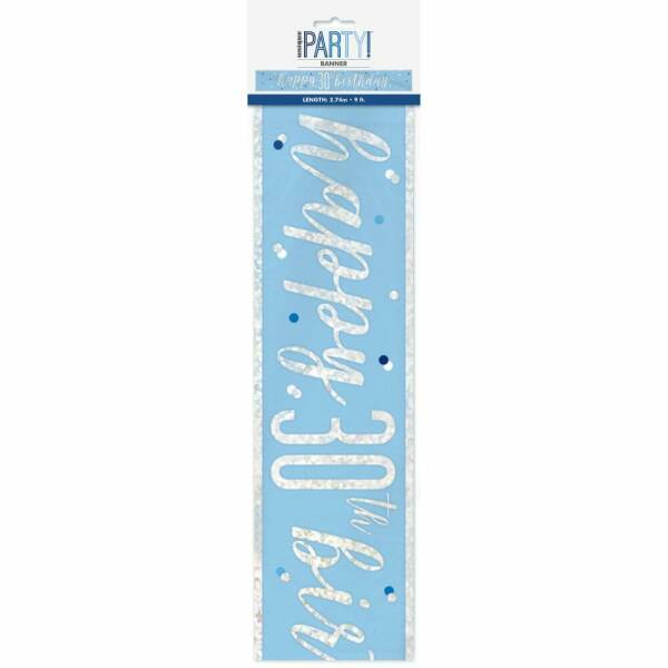 Glitz Blue & Silver Foil Banner Happy 30th Birthday - 9 Feet