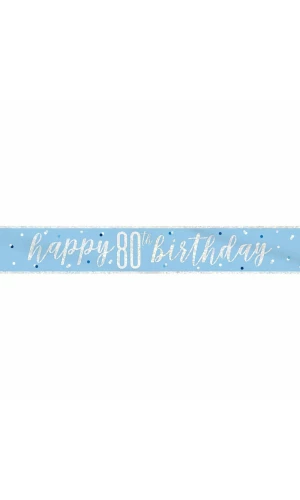 Glitz Blue & Silver Foil Banner Happy 80th Birthday - 9 Feet