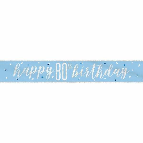 Glitz Blue & Silver Foil Banner Happy 80th Birthday - 9 Feet
