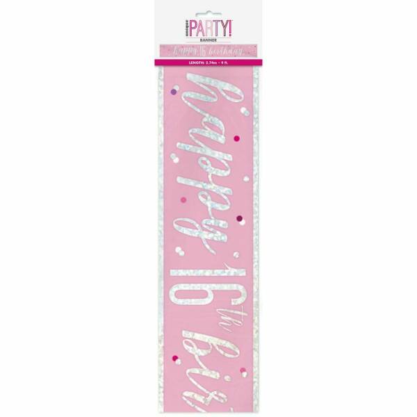 Glitz Pink & Silver Foil Banner Happy 16th Birthday - 9 Feet