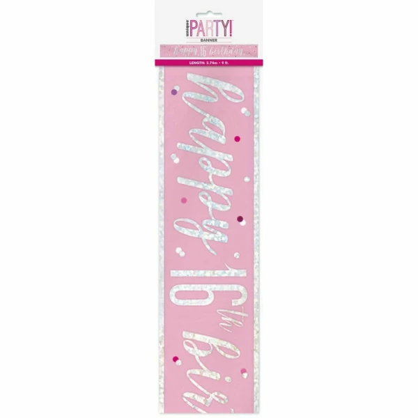Glitz Pink & Silver Foil Banner Happy 16th Birthday - 9 Feet