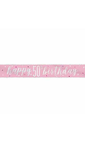 Glitz Pink & Silver Foil Banner Happy 50th Birthday - 9 Feet