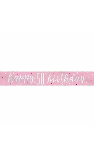 Glitz Pink & Silver Foil Banner Happy 50th Birthday - 9 Feet
