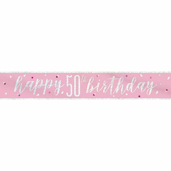 Glitz Pink & Silver Foil Banner Happy 50th Birthday - 9 Feet