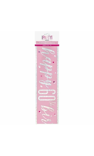 Glitz Pink & Silver Foil Banner Happy 60th Birthday - 9 Feet