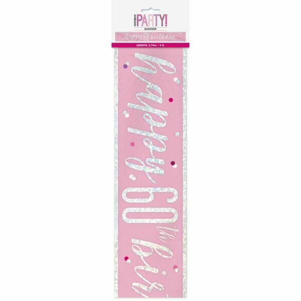 Glitz Pink & Silver Foil Banner Happy 60th Birthday - 9 Feet