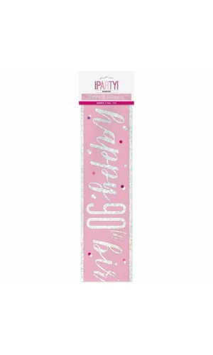 Glitz Pink & Silver Foil Banner Happy 90th Birthday - 9 Feet