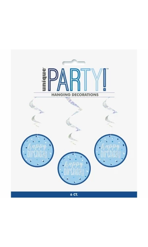 Glitz Blue & Silver Hanging Swirls 32 Inch L Happy Birthday - 6pk
